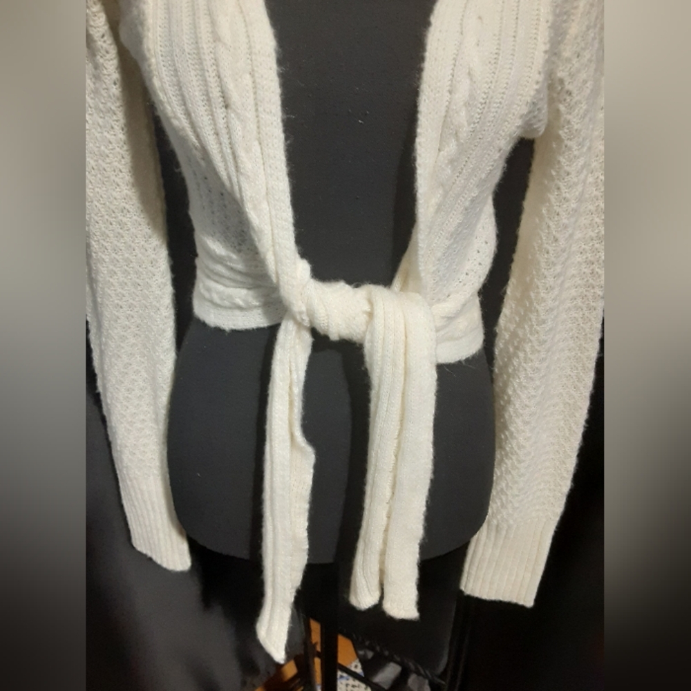 Candie's Cream Women's Cardigan Sweater Tie Up Size L Coquette Cottage - Picture 3 of 7